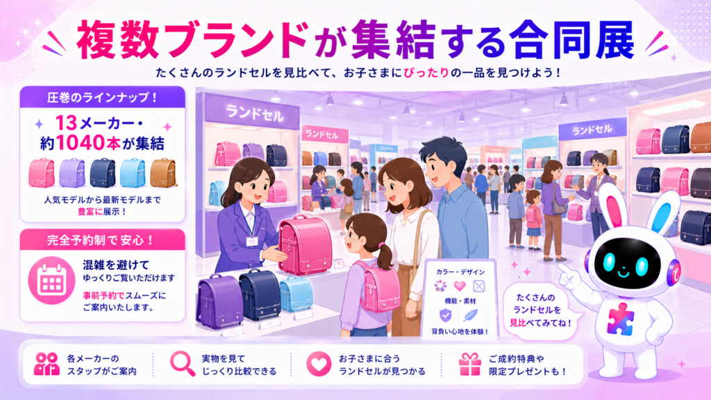 ランドセル展示会 東京の合同会場に多数のメーカーが集結し専門スタッフが対応するイメージ