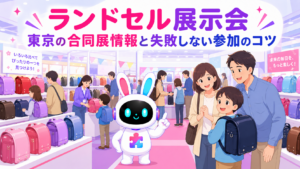 ランドセル展示会 東京の合同展で親子がランドセルを見比べるイメージ