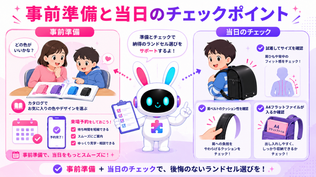 ランドセル展示会 東京で失敗しないための事前準備と当日の背負い心地チェックを示すイメージ