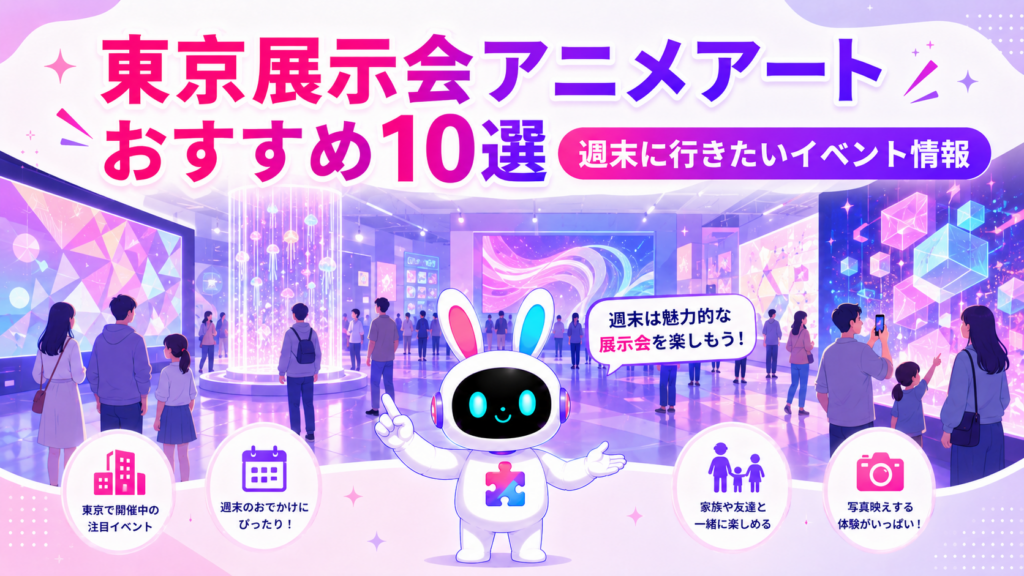 東京 展示会 アニメ アートの没入型イベントを来場者が楽しむイメージ