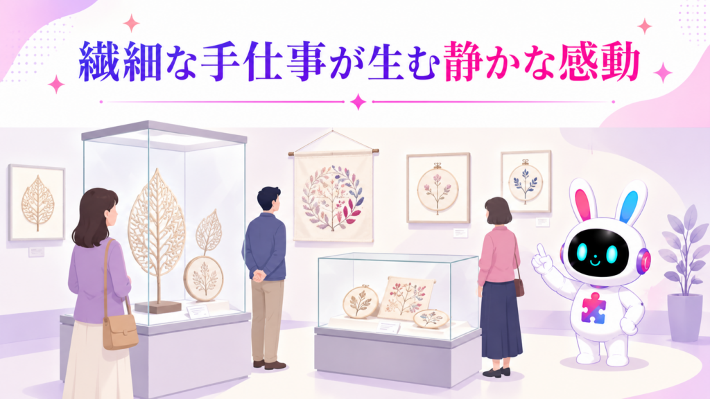 東京 展示会 アニメ アートの葉っぱ切り絵や刺繍など繊細な手仕事の展示を鑑賞するイメージ
