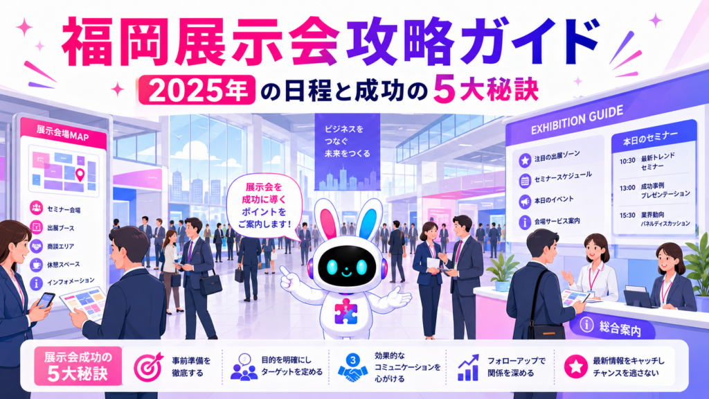 展示会に多くのビジネスパーソンが集まり商談するイメージ