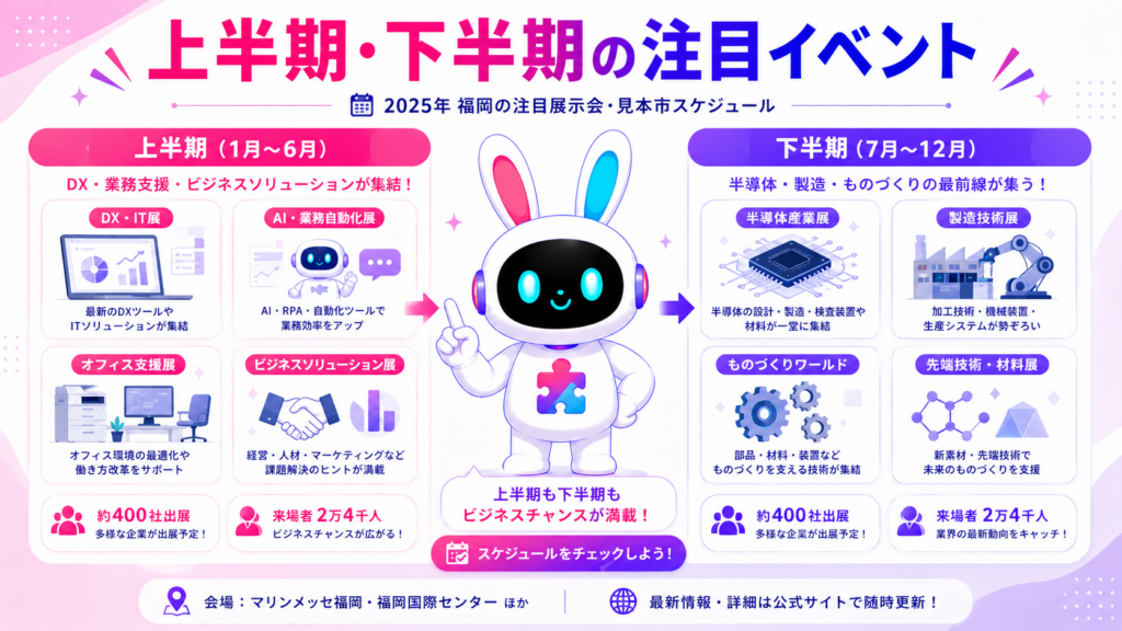 福岡 展示会の2025年上半期・下半期の注目イベントスケジュールを示すイメージ