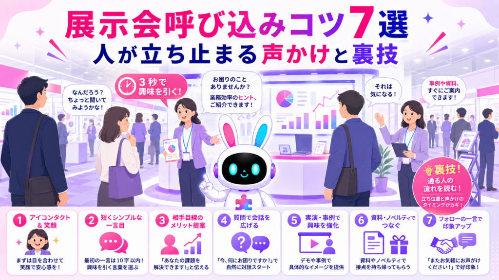展示会 呼び込み コツを実践し来場者が足を止めるイメージ
