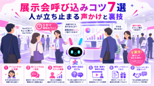 展示会 呼び込み コツを実践し来場者が足を止めるイメージ