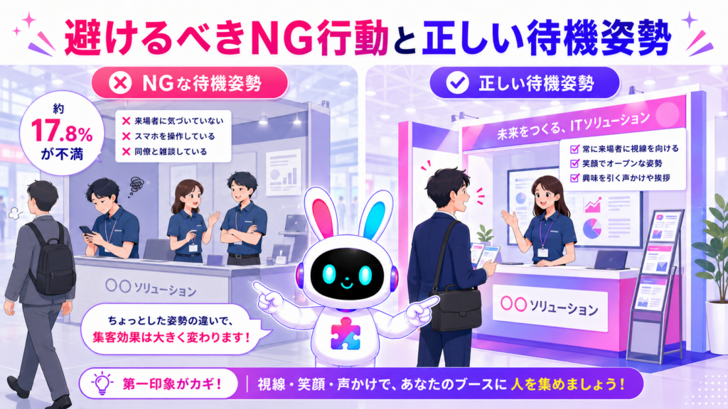 展示会 呼び込み コツにおけるNG行動と正しい待機姿勢を比較したイメージ