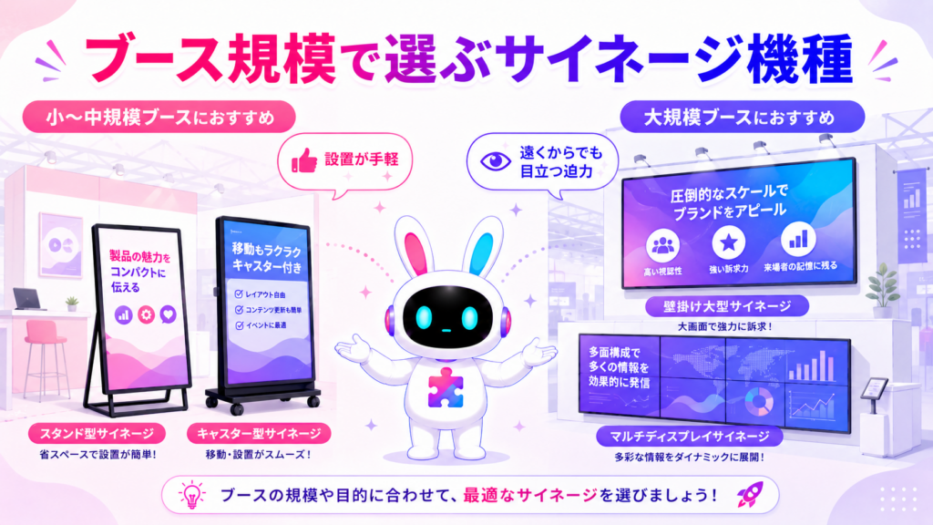 デジタルサイネージ 展示会のブース規模別の機種選びを示すイメージ