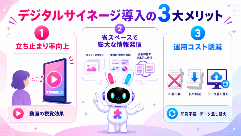デジタルサイネージ 展示会の立ち止まり率向上・省スペース・コスト削減のメリットを示すイメージ