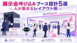 展示会 呼び込み ブースの開放的なレイアウトに来場者が集まるイメージ