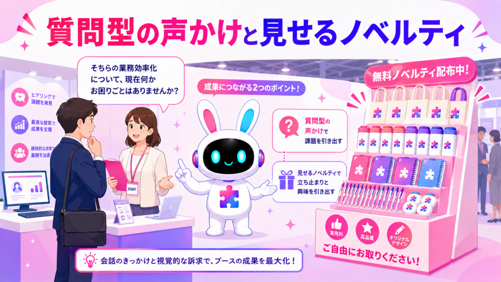 展示会 呼び込み ブースの質問型の声かけとノベルティの見せる配置を示すイメージ