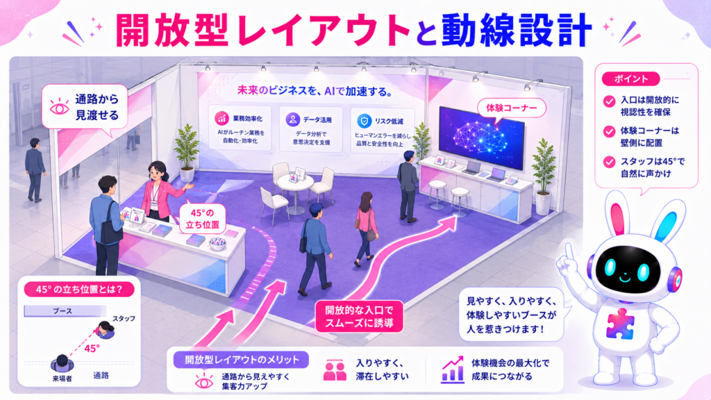 展示会 呼び込み ブースの開放型レイアウトとスタッフの立ち位置を示すイメージ