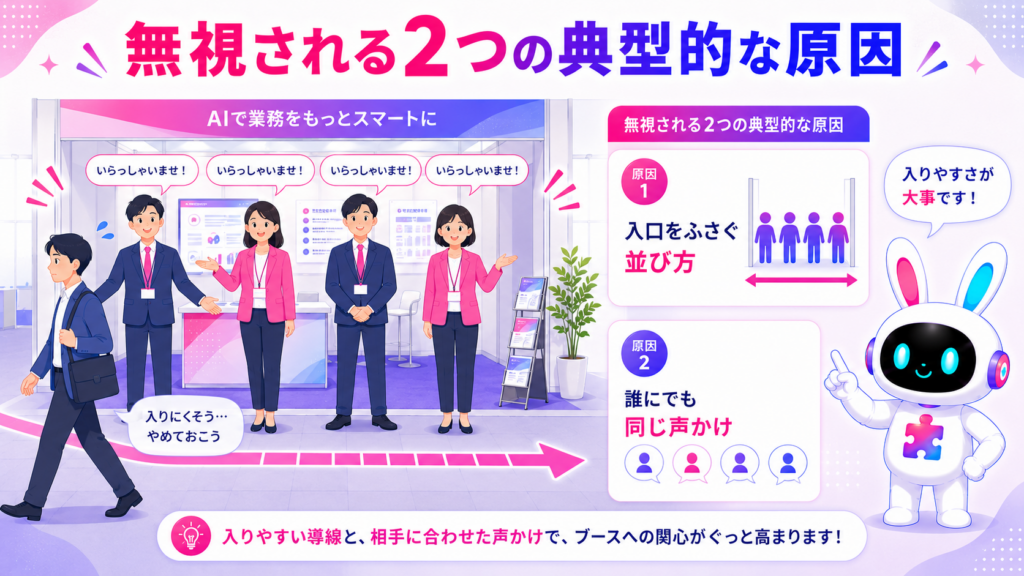 展示会 呼び込み 失敗の原因である漫然とした声かけと威圧的な立ち位置を示すイメージ