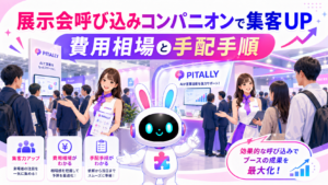 展示会 呼び込み コンパニオンがブースに来場者を引き寄せるイメージ