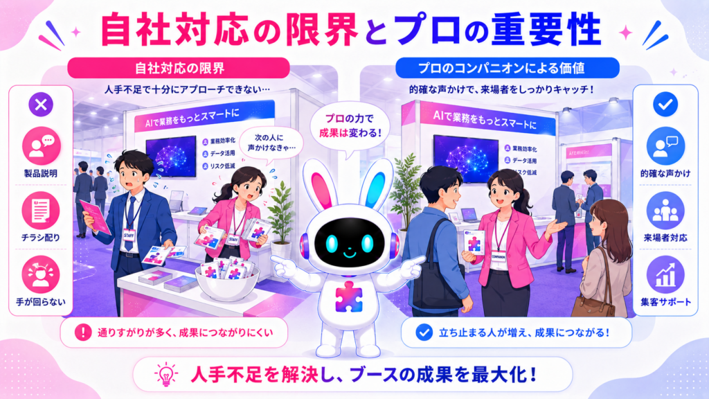 展示会 呼び込み コンパニオンの必要性を自社対応と比較して示すイメージ