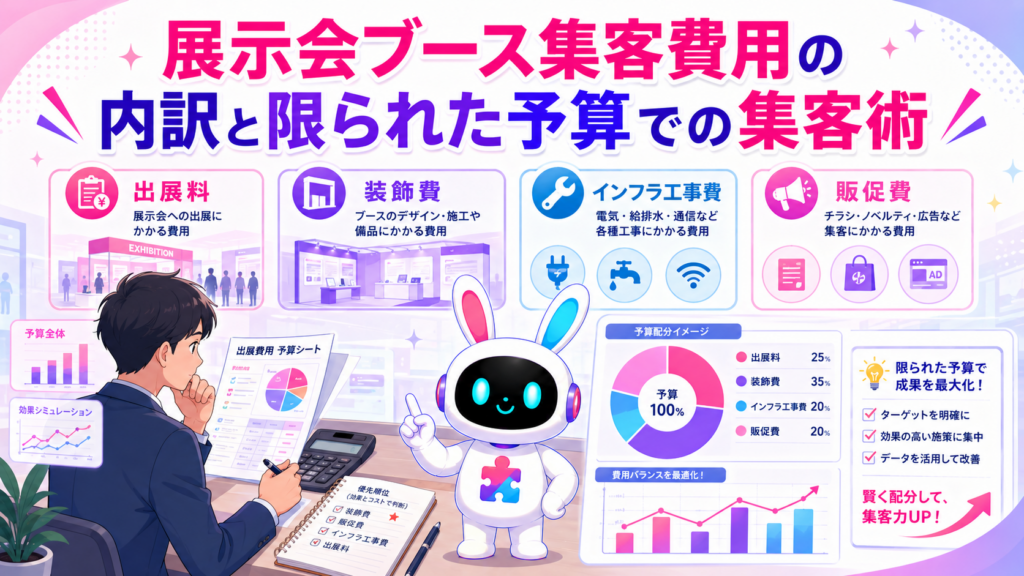 展示会ブース 集客 費用の内訳を整理し予算を検討するイメージ