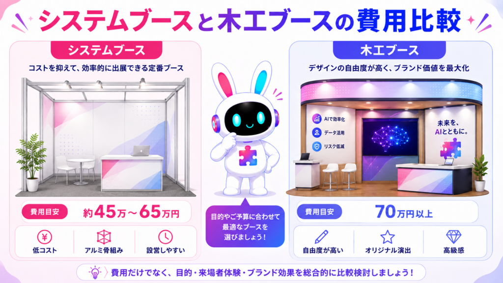 展示会ブース 集客 費用におけるシステムブースと木工ブースの相場を比較したイメージ