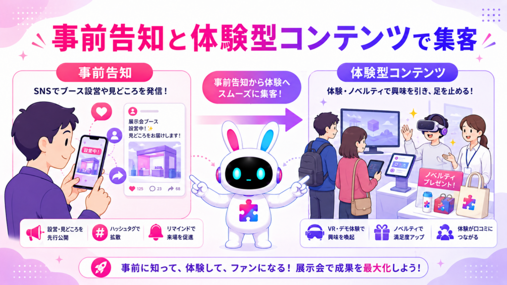 展示会ブース 集客 費用を抑えつつSNS告知と体験型コンテンツで集客するイメージ