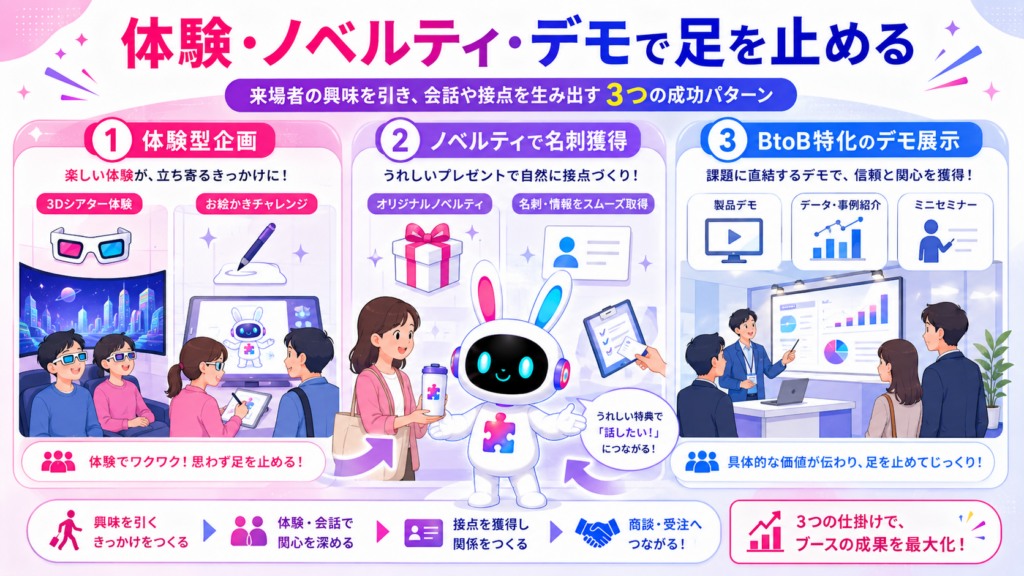展示会ブース 集客 成功事例の体験型企画・ノベルティ・BtoBデモの工夫を示すイメージ