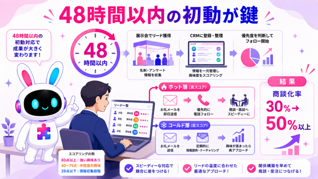 展示会ブース 集客 成功事例における会期後の迅速なフォローアップ体制を示すイメージ