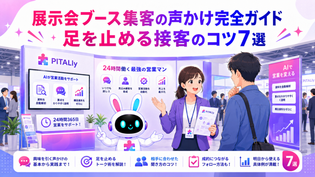 展示会ブース集客の声かけで来場者が足を止めるイメージ