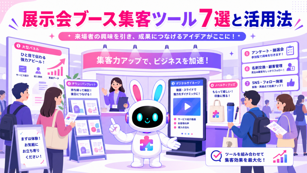 展示会ブース 集客 ツールで来場者の足を止めるイメージ