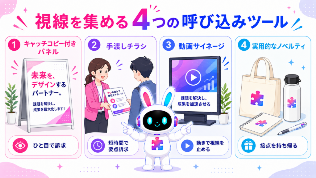展示会ブース 集客 ツールで来場者の足を止めるイメージ