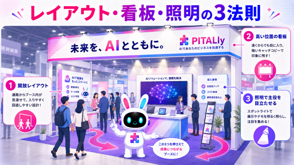 展示会ブース 集客 デザインのレイアウト・看板・照明の基本法則を示すイメージ
