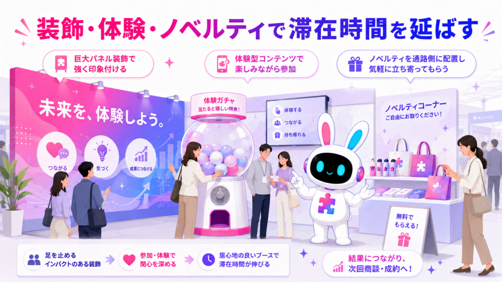 展示会ブース 集客 デザインの装飾・体験型コンテンツ・ノベルティを示すイメージ