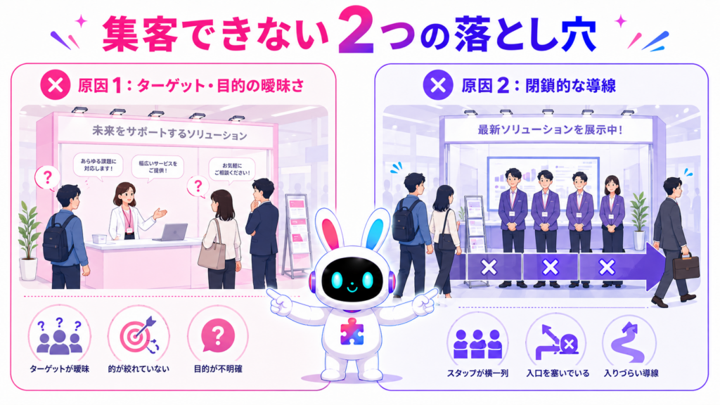 展示会ブース 集客 コツで集客できない2つの原因を示すイメージ