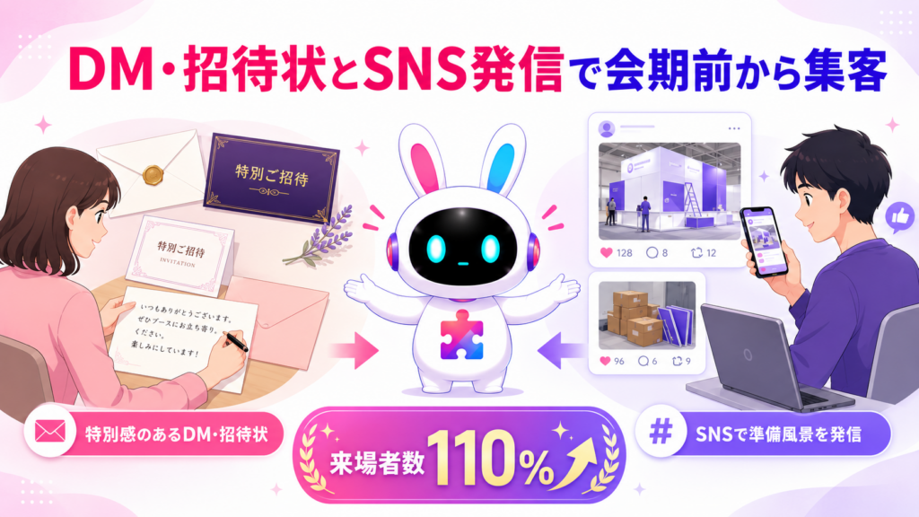 展示会ブース 集客 コツの事前準備としてDM・招待状とSNS発信を示すイメージ