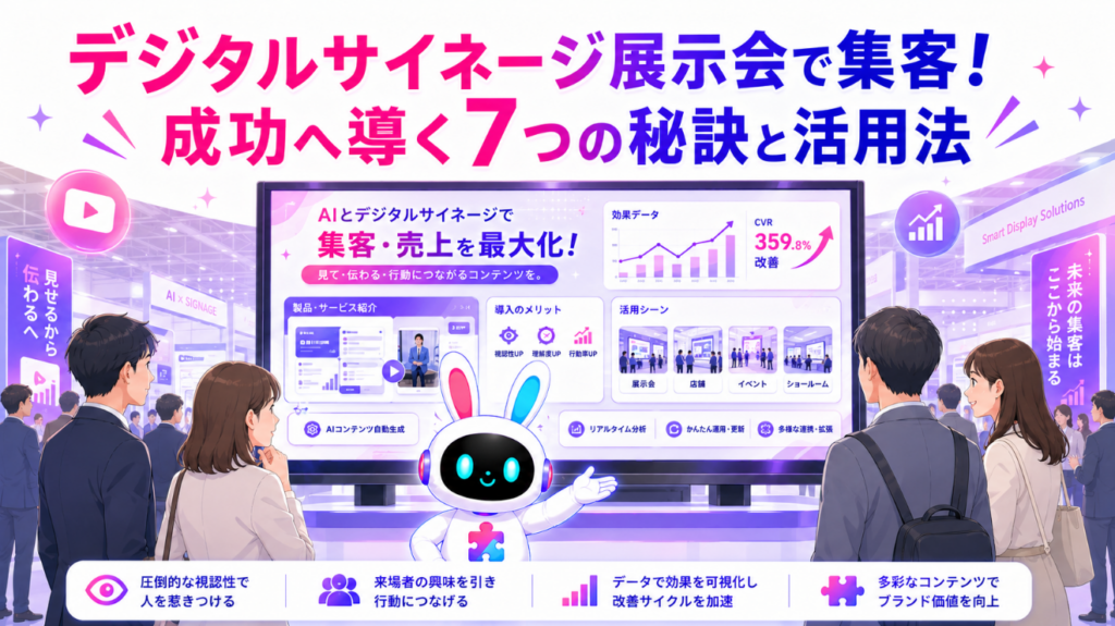 デジタルサイネージ 展示会で来場者の足を止めているイメージ