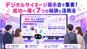 デジタルサイネージ 展示会で来場者の足を止めているイメージ