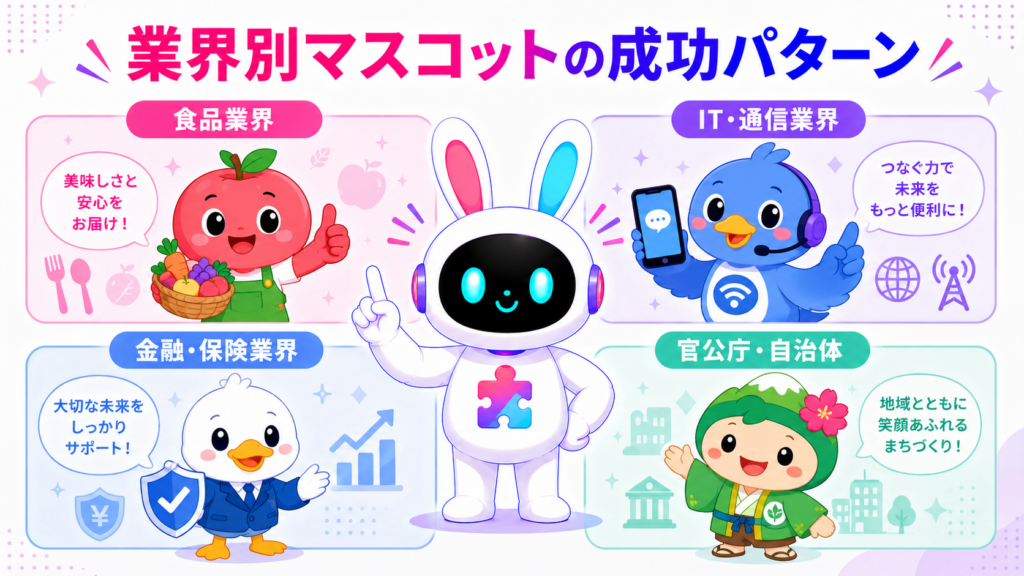 企業マスコットキャラクター 一覧の食品・IT・金融・自治体の業界別事例を示すイメージ