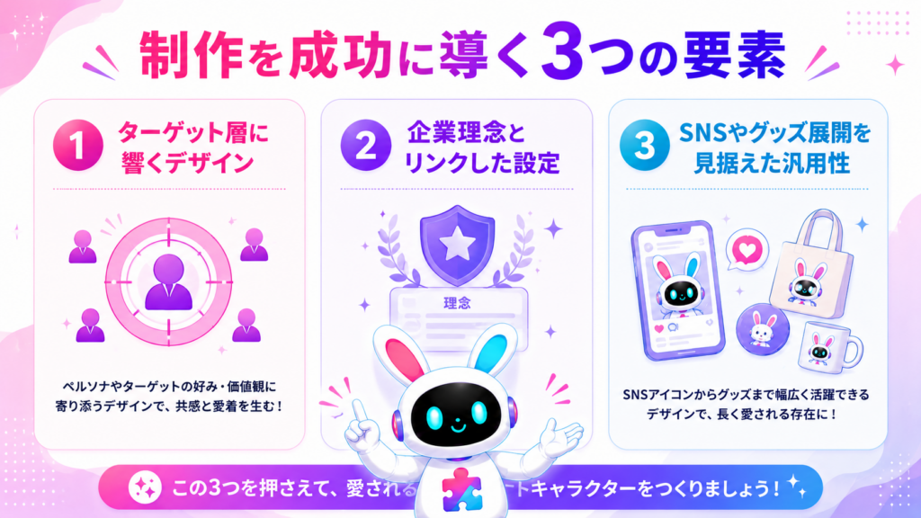 企業マスコットキャラクター 一覧から見える制作成功の3つのポイントを示すイメージ