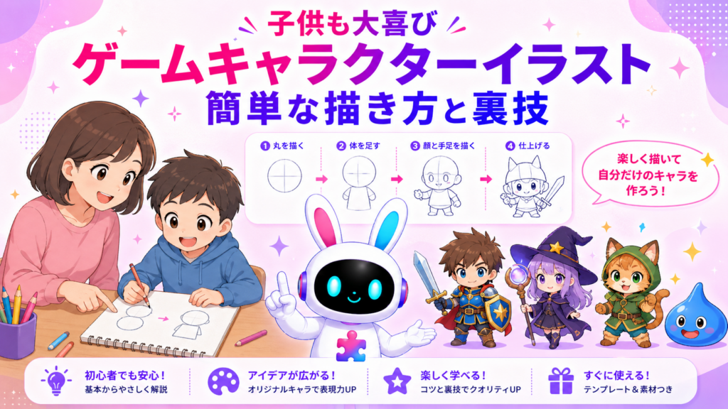 ゲームキャラクターイラスト簡単な描き方を親子で楽しむイメージ