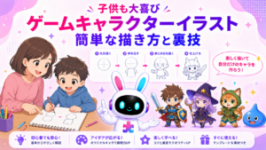 ゲームキャラクターイラスト簡単な描き方を親子で楽しむイメージ