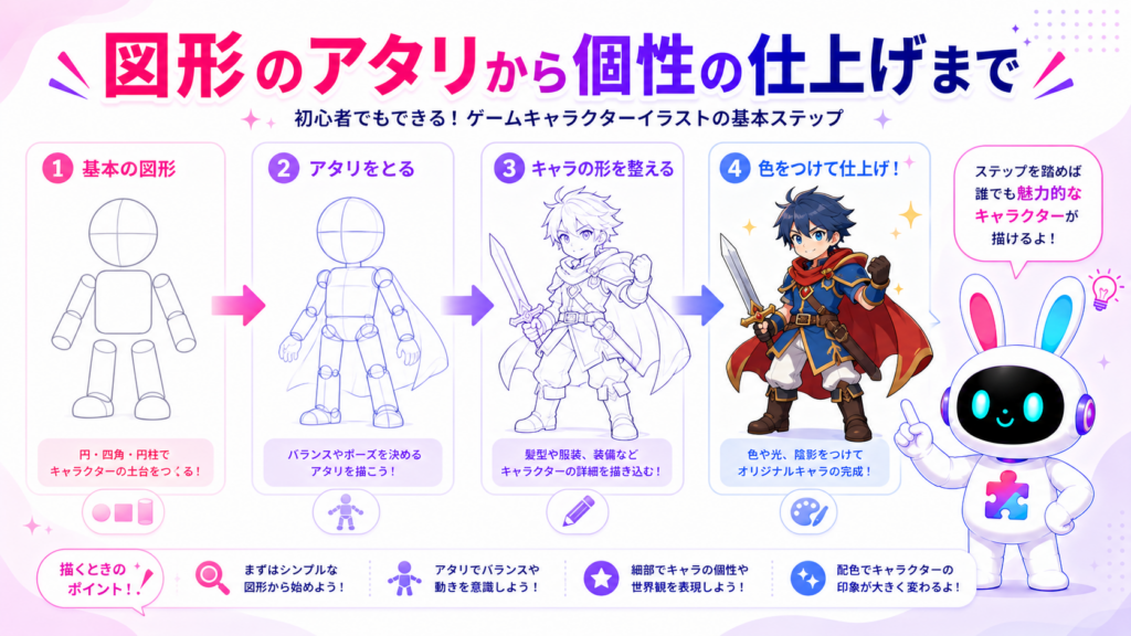 ゲームキャラクターイラスト簡単な描き方の図形アタリから仕上げまでを示すイメージ
