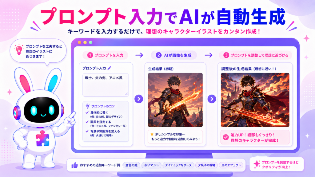 ゲームキャラクターイラスト簡単にAIツールとプロンプトで作成するイメージ