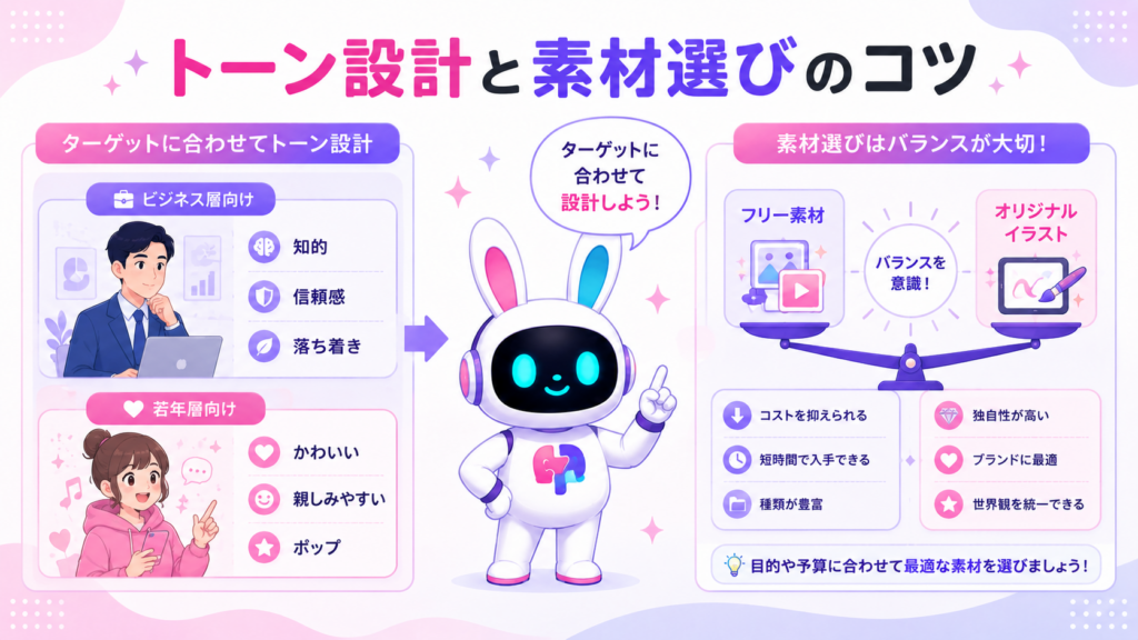 aiチャットボット キャラクターのトーン設計と素材選びのコツを示すイメージ