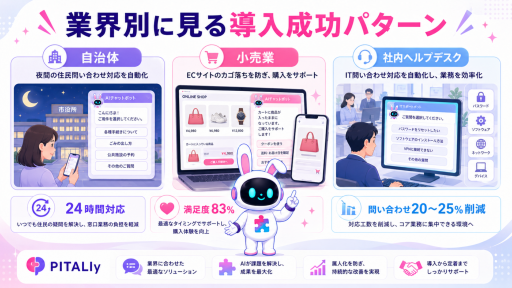 aiチャットボット 導入事例の自治体・小売業・社内ヘルプデスクの業界別成功パターンを示すイメージ