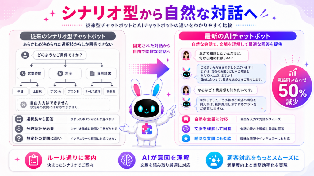 aiチャットボットとは従来のシナリオ型と何が違うかを示すイメージ