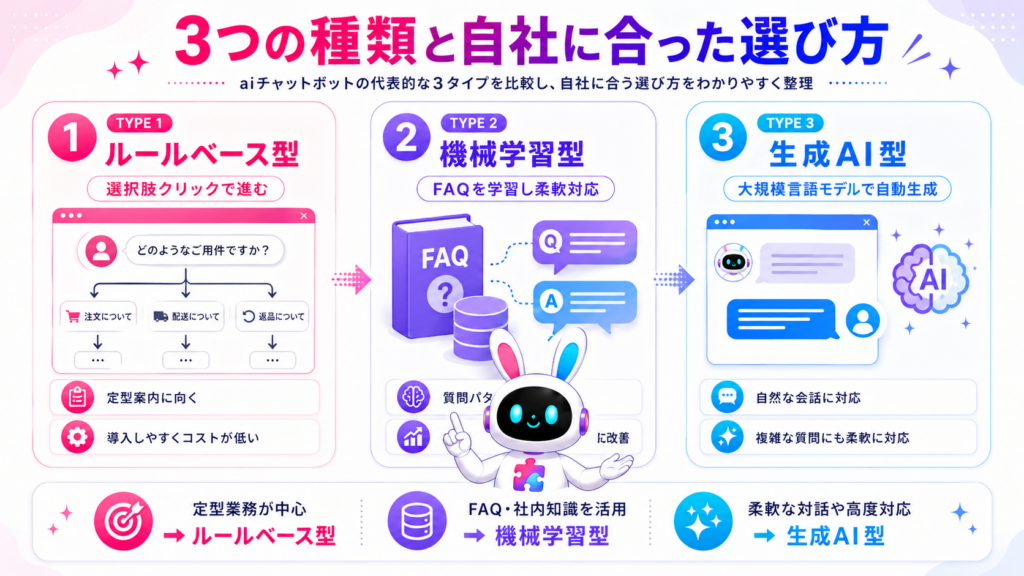aiチャットボットとはルールベース型・機械学習型・生成AI型の3種類があることを示すイメージ