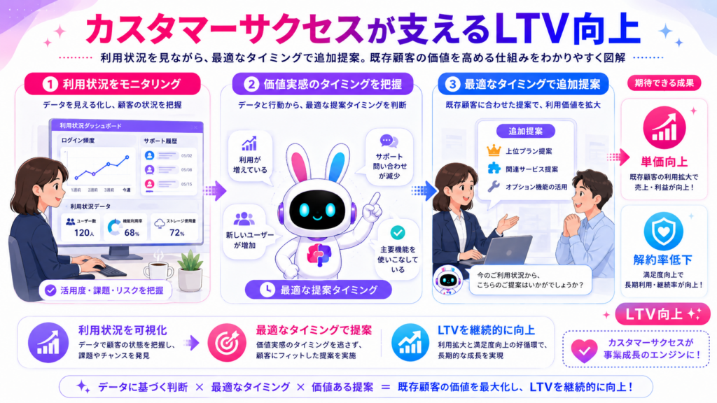 BtoB クロスセルとカスタマーサクセスがLTVを高める仕組みを示すイメージ
