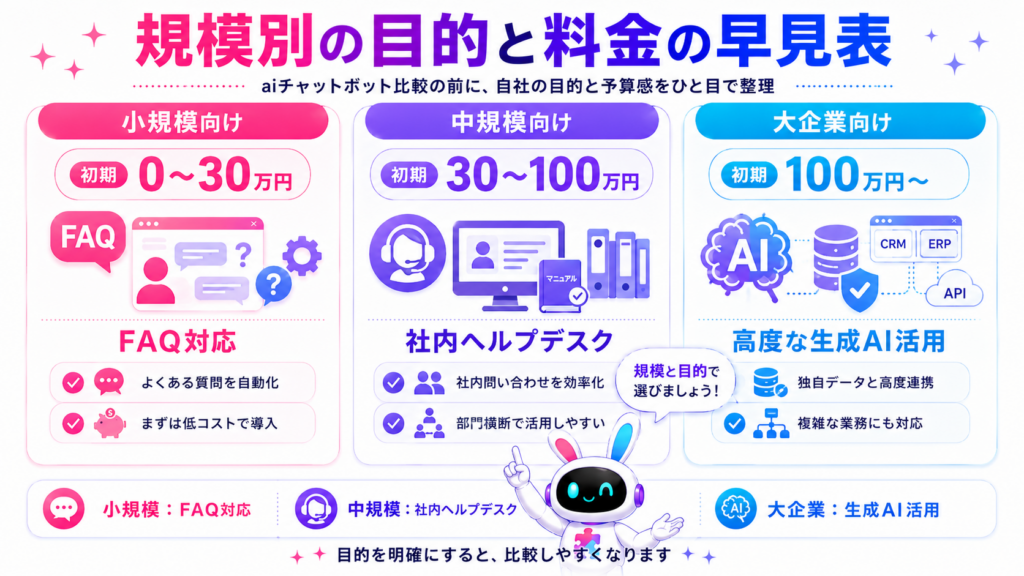 aiチャットボット 比較の規模別の目的と料金早見表を示すイメージ