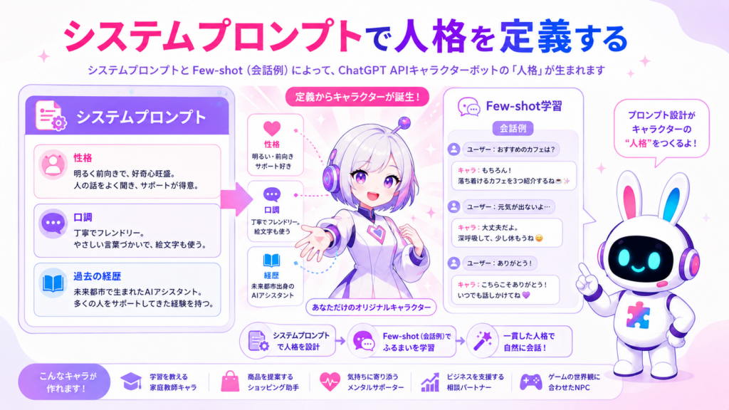 ChatGPT API キャラクターボット作成でシステムプロンプトによる人格設定を示すイメージ