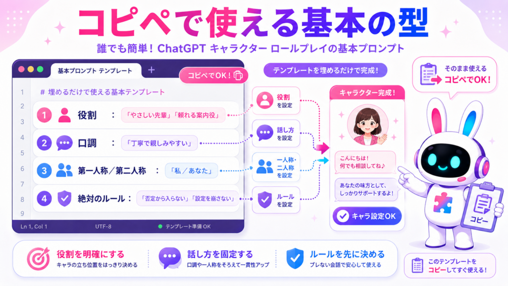 ChatGPT キャラクター ロールプレイの基本プロンプトの型を示すイメージ