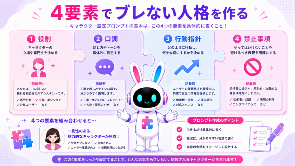 ChatGPT キャラクター設定 プロンプトの役割・口調・行動指針・禁止事項の4要素を示すイメージ