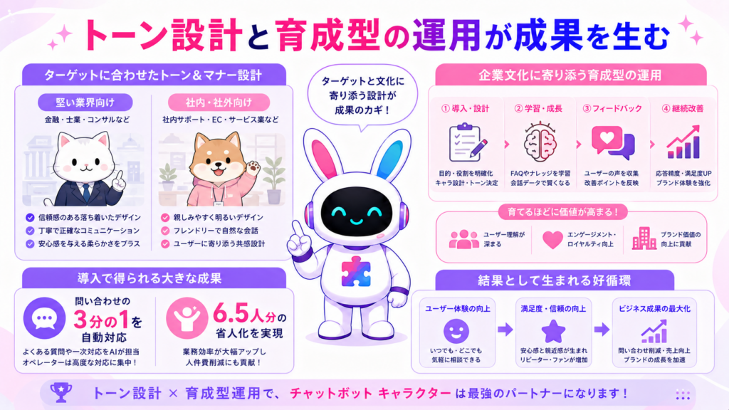 チャットボット キャラクターのデザイン法則としてトーン設計と育成型運用を示すイメージ