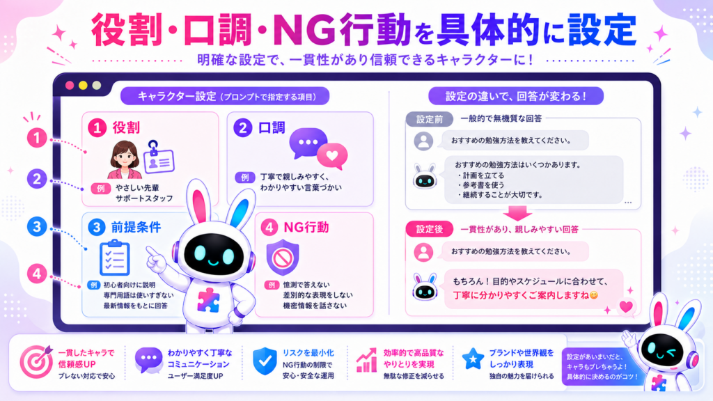 チャットgptキャラクター設定の基本プロンプトで役割、口調、前提条件、NG行動を指定する方法