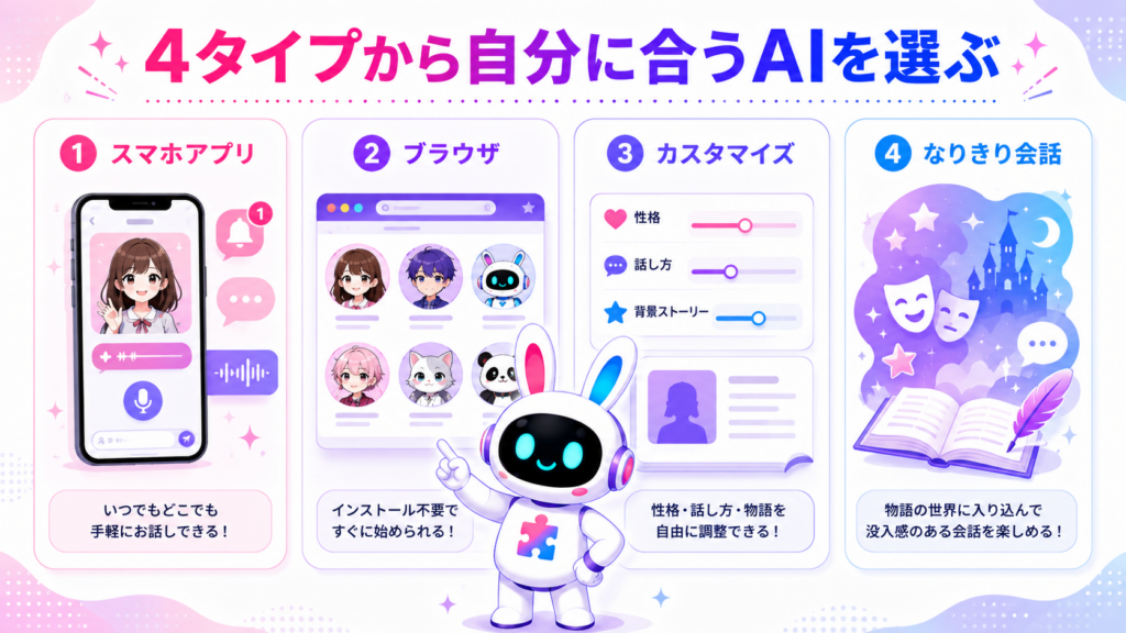 スマホアプリ、ブラウザ、カスタマイズ、なりきり型から選ぶai チャットキャラクターおすすめの比較